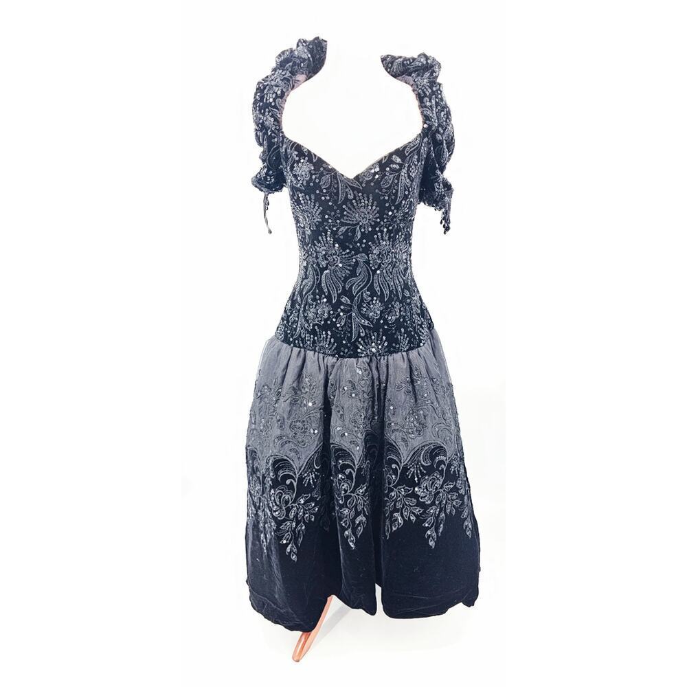 Vintage 80s Women's M/L Eve of Milady Black Off Shoulder Poof Sleeve Formal Gown